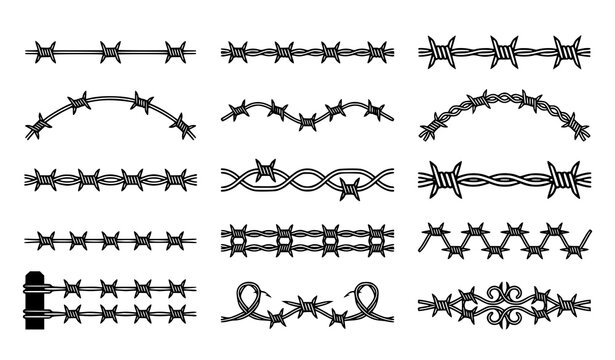 Black Barbed Wire Fence Border and Seamless Security Line Vector Collection