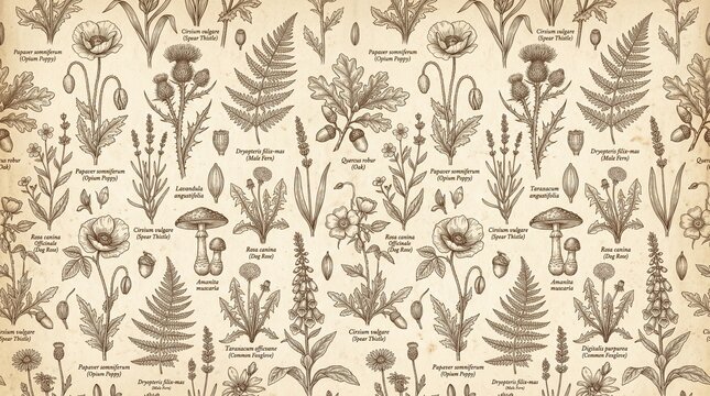 Vintage Botanical Illustration Seamless Pattern with Wildflowers
