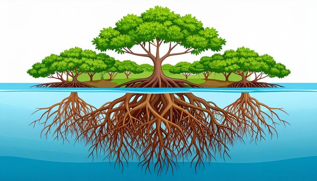 Tree with extensive root system in clear blue water.