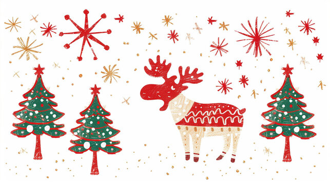 Naive child drawing of a cute moose in winter pine forest