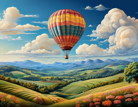 charming embroidered hot air balloon in blue sky detailed scenic landscape with rolling hills and fluffy clouds