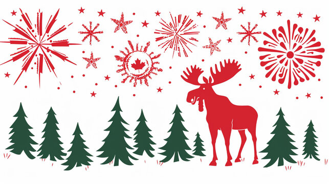Naive child drawing of a cute moose in winter pine forest