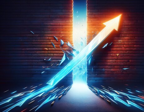 breakthrough success concept with glowing arrow breaking barrier wall