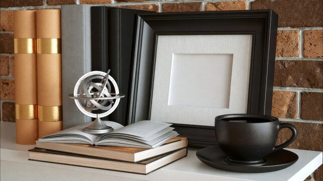 Close up of vintage books and armillary sphere.