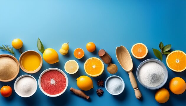 citrus fruits and baking ingredients on blue background