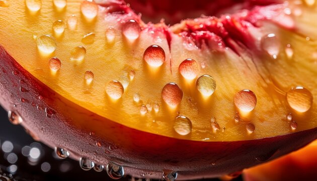peach fruit slice presenting a close up view of its wet textured surface with water droplets ideal for healthy eating concepts