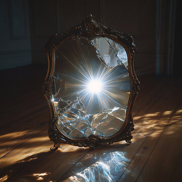 Broken Mirror Reflecting Bright Sunlight on a Wooden Floor.