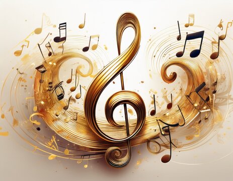musical notes dancing around golden treble clef symbolizing melodic rhythm floating on white background