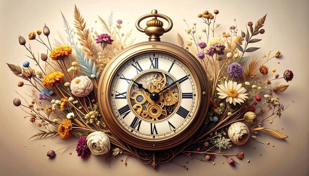 Golden pocket watch surrounded by autumn leaves and flowers.