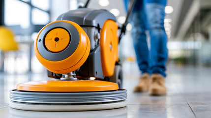 Fototapeta premium Faceless worker washing office floor with cleaning machine during professional commercial maintenance, floor cleaning machine concept, janitorial photography, blurred office