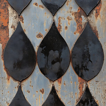 Closeup of a Rusted Metal Surface with Abstract Black Teardrop Shapes.