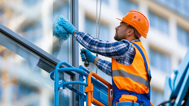 Faceless professional window washer cleaning glass facade of modern office building using cherry picker crane during high-rise window maintenance, building maintenance concept,
