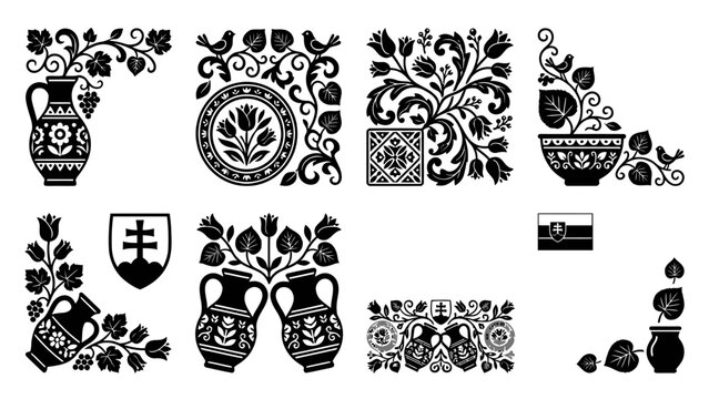 Traditional Slovak floral design motifs with vases and cultural elements