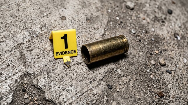 Spent brass bullet casing lying on rough concrete ground next to a bright yellow plastic evidence marker labeled with the number one at a crime scene