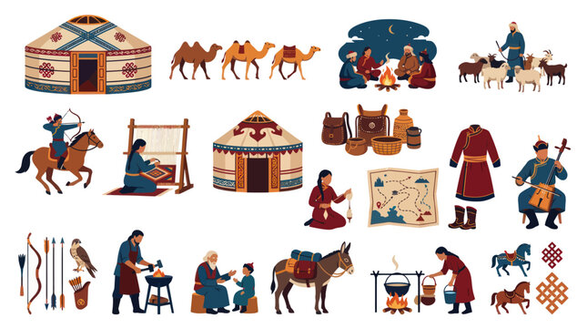 Mongolian Nomadic Culture Flat Vector Set: Traditional Lifestyle, People, Animals  Yurt Elements