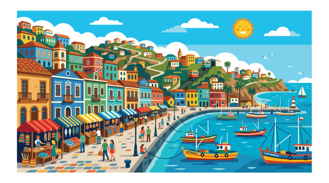 Colorful seaside Mediterranean village with busy waterfront promenade and docked fishing boats.