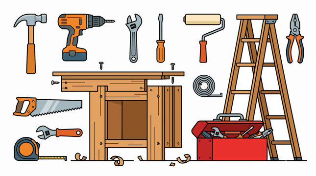 Collection of carpentry tools and equipment.