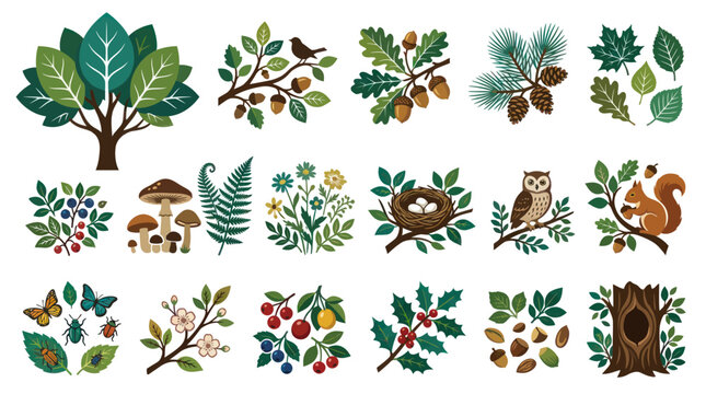 Flat Vector Nature Elements Illustration: Woodland Animals, Trees, Leaves, Berries, Mushrooms, Insects, and Birds.