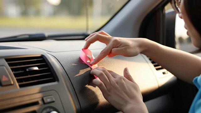 Volunteer Places Pink Ribbon On Car Dashboard Symbolizing Awareness And Community Support For A Cause
