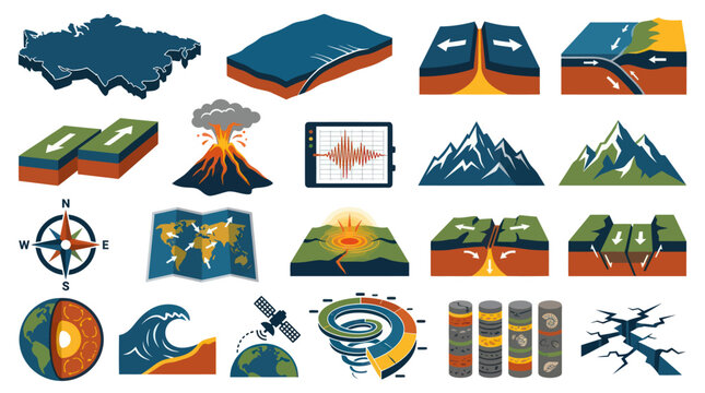 Geology Earth Science Icons: Volcano, Earthquake, Tectonic Plates, Mountains, Wave