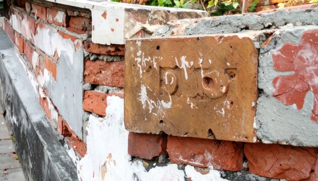 Old brick wall with carved number detail close-up.