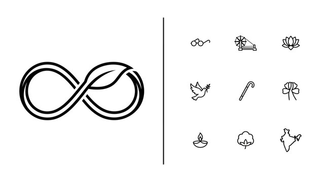 Gandhi Jayanti Icon Set with Infinity Leaf and Indian Cultural Symbols