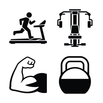 Gym workout icon set with runner on treadmill, pec deck machine, flexed biceps arm and heavy kettlebell, black and white fitness vector