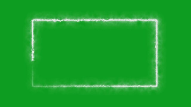 Glowing white light rectangle frame with smoke effect isolated on a green screen chroma key background