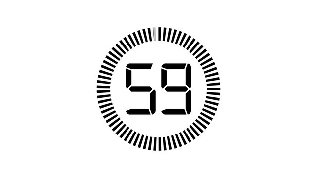 Black digital timer icon showing fifty nine seconds countdown isolated on a clear transparent background