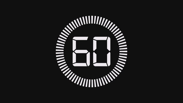 Digital clock countdown timer showing sixty seconds with a circular progress bar graphic element