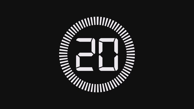 Digital countdown timer showing twenty seconds with a circular progress bar design element