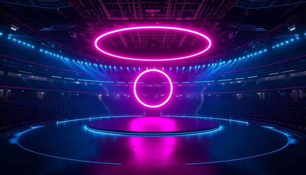 Futuristic concert stage inside empty arena hall with large glowing pink neon circles