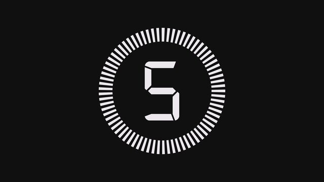 White digital clock countdown timer with number five inside a circular progress bar on black background