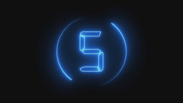 Glowing blue neon digital number five inside a circular ring for countdown timer and video production