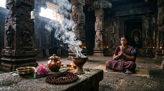 Rishi Panchami ritual, a clay incense burner emitting aromatic white smoke, placed next to a string of rudraksha beads and river lotus flowers