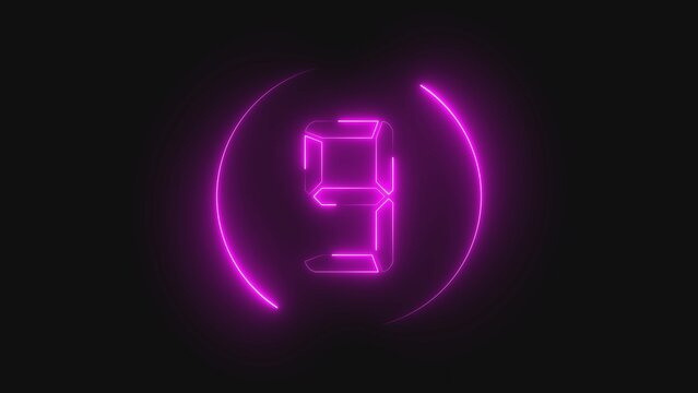 Neon purple digital number nine inside a glowing circle on a dark background for countdown timer