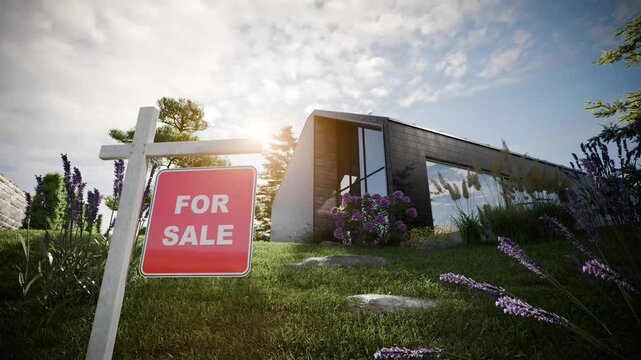 Modern Scandinavian House for Sale with Real Estate Sign &ndash; Luxury Home Exterior, Cinematic 3D Animation