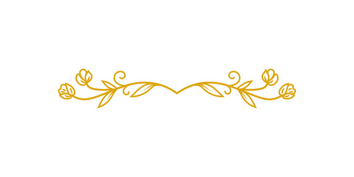 Elegant golden floral divider with symmetrical leaves and flower buds, decorative ornamental flourish for wedding invitations and greeting cards, isolated on transparent background
