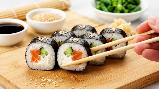 Freshly prepared salmon and cucumber sushi rolls with chopsticks on a bamboo board