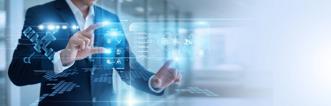 Aerospace engineer hands touch virtual screen tracking Space Technology payloads. Satellite network arrays beam telemetry data from orbit back to mission control stations. Cosmic research.