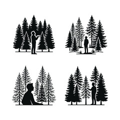 Obraz premium Silhouette People in Pine Forest Scenes, Outdoor Adventure and Nature Exploration