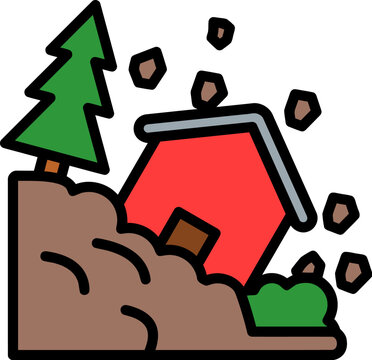 Flat vector illustration of a red house being destroyed by a dangerous natural mountain landslide