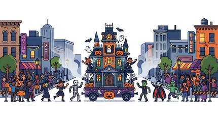 Naklejka premium Halloween Parade Illustration with Haunted House Float and People in Costumes Celebrating on City Street