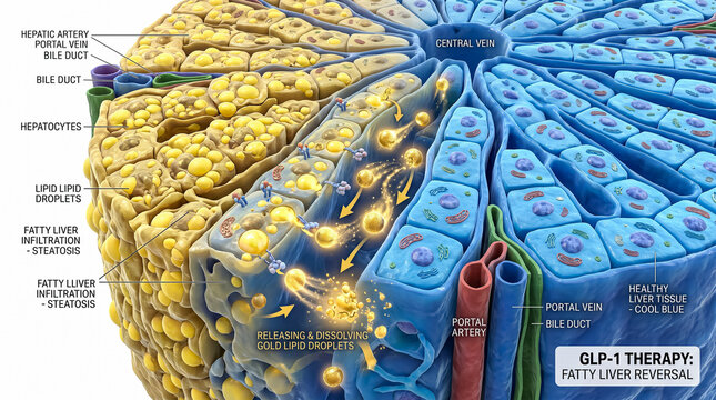 Detailed 3D cellular cross section model showing the transport and release of lipid molecules from yellow fat tissue into active metabolic pathways.