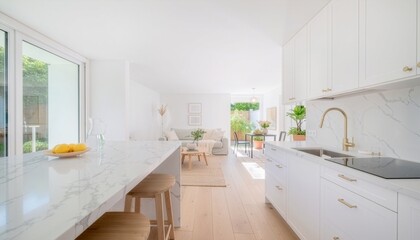 Fototapeta premium Sunlight floods a white marble kitchen island connecting seamlessly to a cozy modern living room beyond.