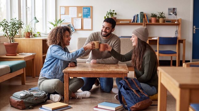 Back to school university students toast with mugs in a bright modern dormitory common area for friendship lifestyle content