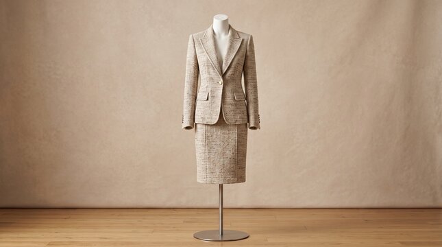 Professional women's skirt suit on mannequin display. Elegant gray business attire for corporate fashion and retail marketing.