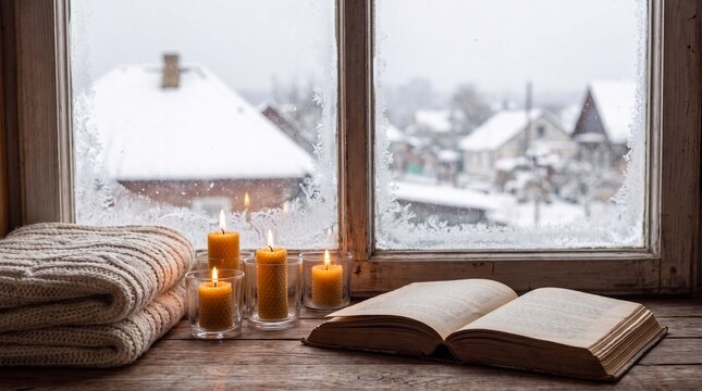 Winter holiday candles and a knitted blanket on a window sill overlook a snowy village for greetings
