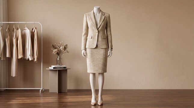 Professional women's skirt suit displayed on mannequin. Elegant beige business attire for corporate fashion styling.