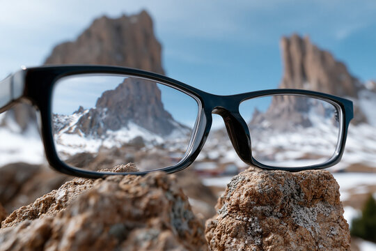 Glasses on rocks; mountains behind
